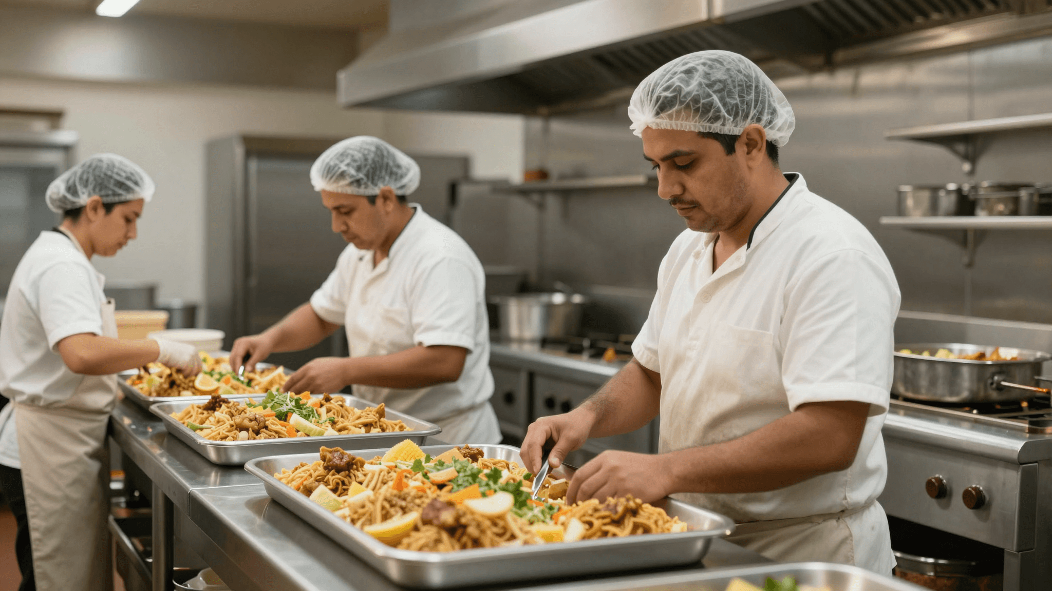 Equipo de cocina de HFOOD preparando bandejas de comida en cocina industrial